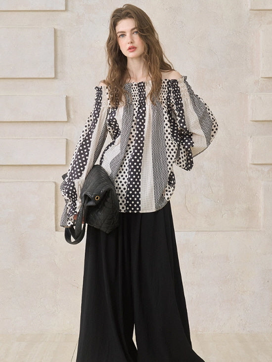 Vintage Polka Dot Off-Shoulder Blouse