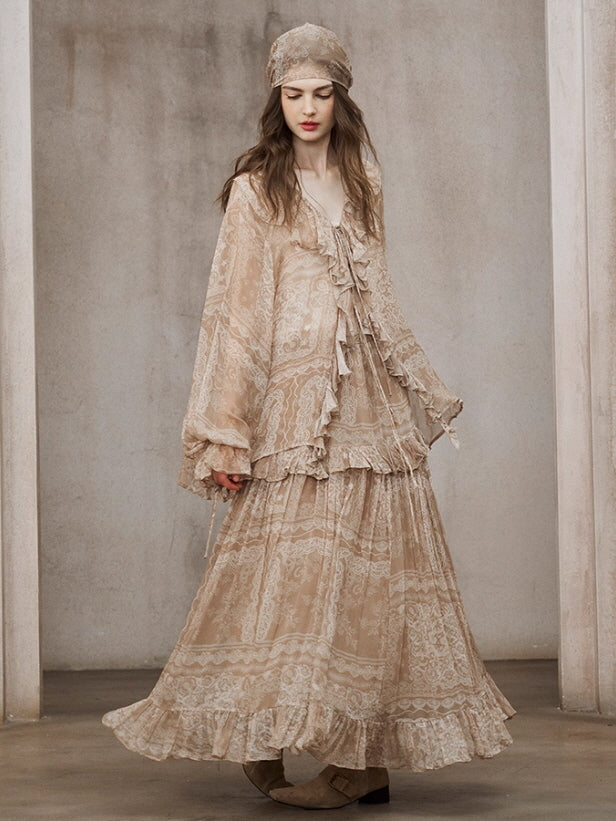 Beige Lace Blouse & Skirt – Vintage Cottagecore Outfit Skirt / M