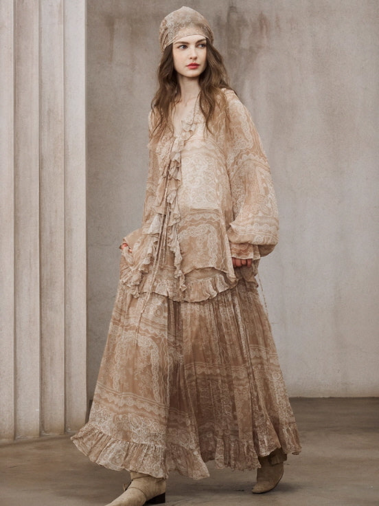 Romantic Beige Lace Blouse & Skirt