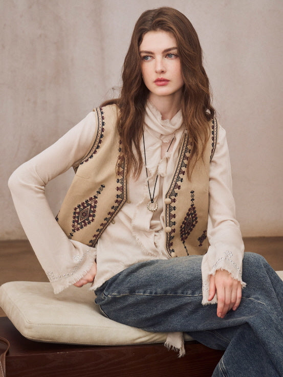 Vintage Embroidered Linen Blend Vest