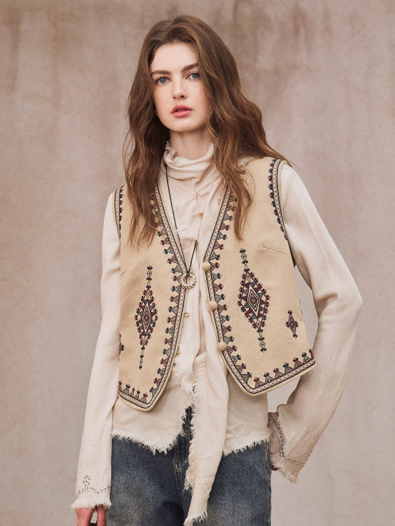 Vintage Embroidered Linen Blend Vest