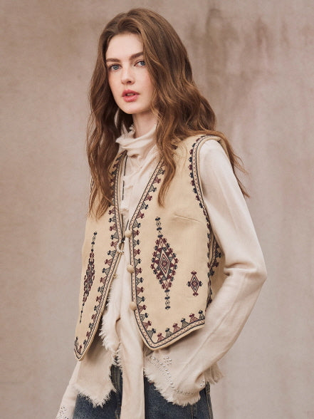 Vintage Embroidered Linen Blend Vest