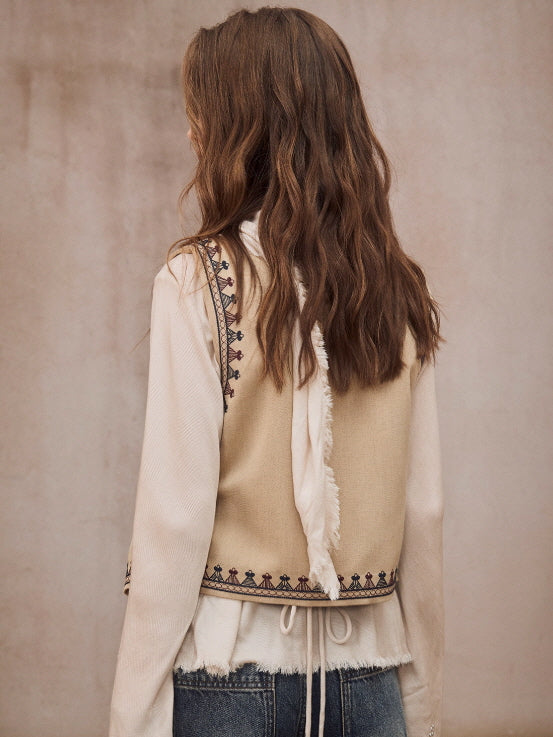 Vintage Embroidered Linen Blend Vest