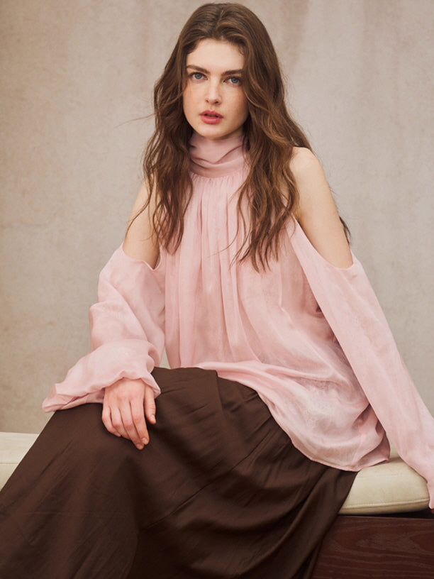 Blush Cold-Shoulder Chiffon Blouse