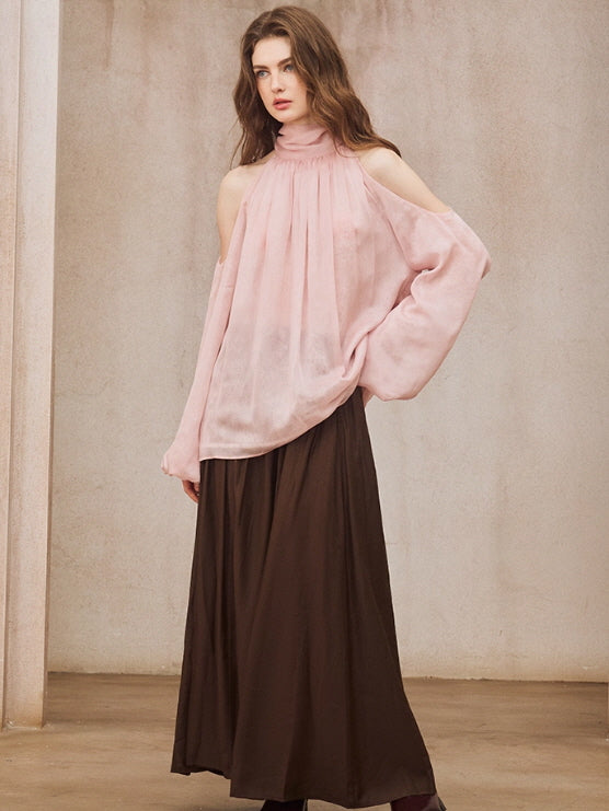 Blush Cold-Shoulder Chiffon Blouse