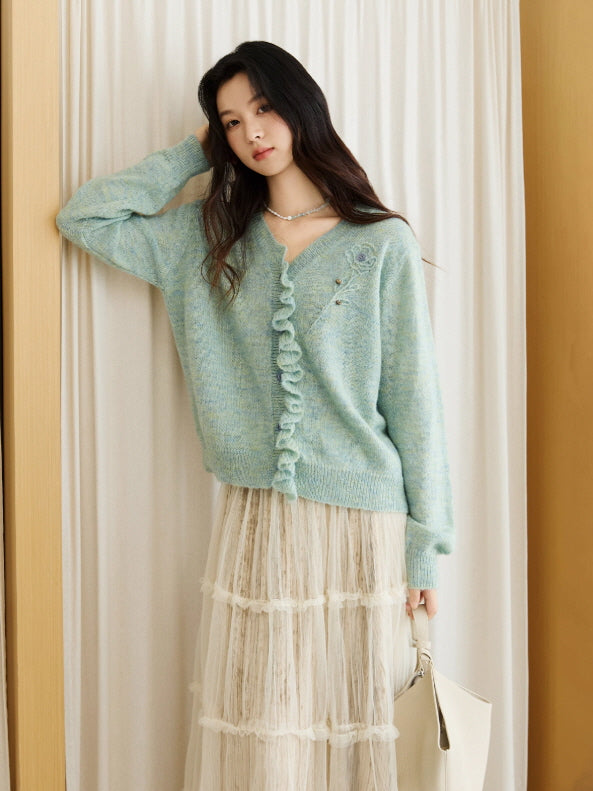 Romantic Ruffle Floral Embroidered Cardigan