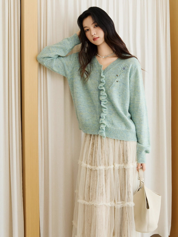 Romantic Ruffle Floral Embroidered Cardigan