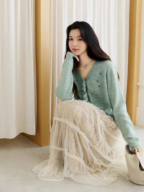 Romantic Ruffle Floral Embroidered Cardigan