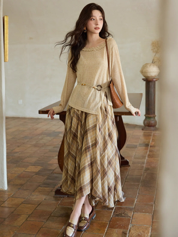 Autumn Vintage Plaid Flow Skirt