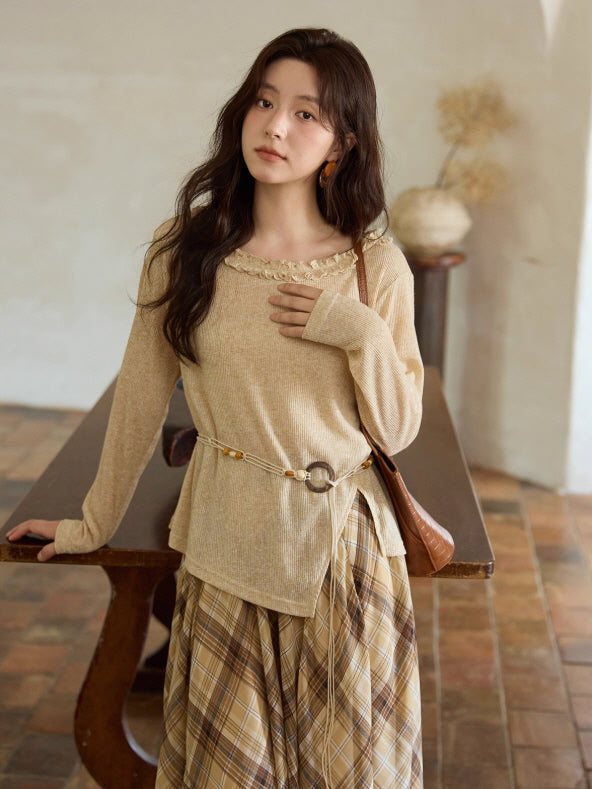 Apricot Ruffle Collar Knit Top with Bohemian Belt