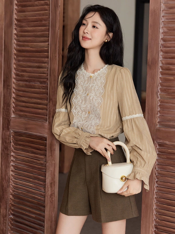 Vintage Beige Lace Panel Blouse