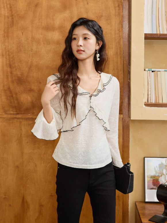 Romantic Lace Ruffle Blouse with Contrast Trim