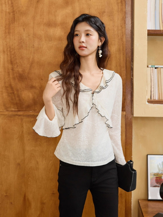 Romantic Lace Ruffle Blouse with Contrast Trim
