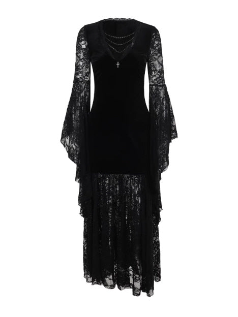 Black Velvet Lace Bell Sleeve Gothic Dress