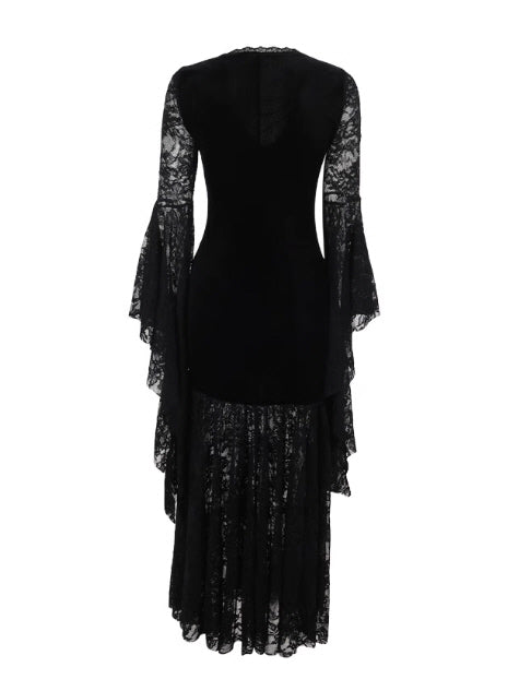 Black Velvet Lace Bell Sleeve Gothic Dress