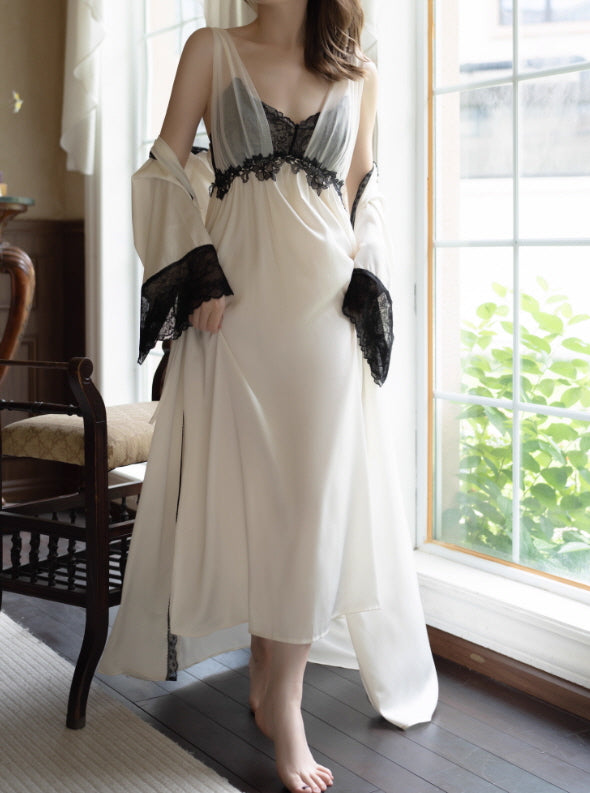 Black Lace Trim Ivory Sheer Robe & Nightgown Set