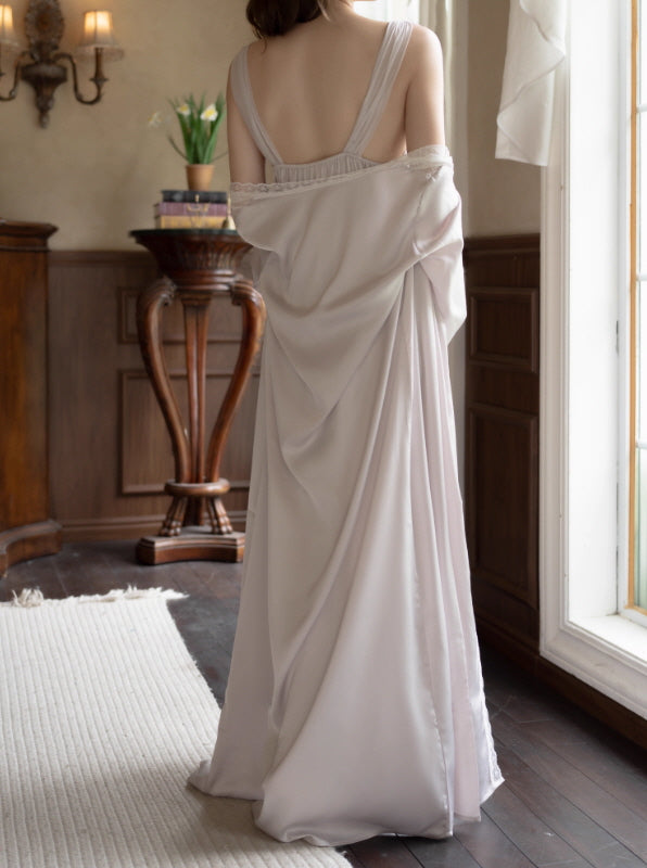Black Lace Trim Ivory Sheer Robe & Nightgown Set