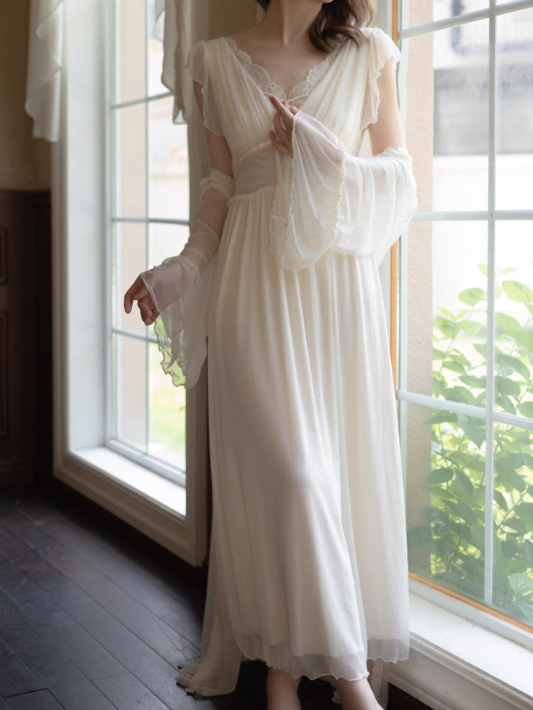 Dreamy Lace Drape Ivory Nightgown Set
