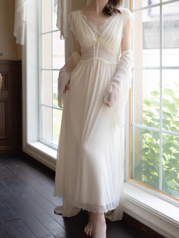 Dreamy Lace Drape Ivory Nightgown Set