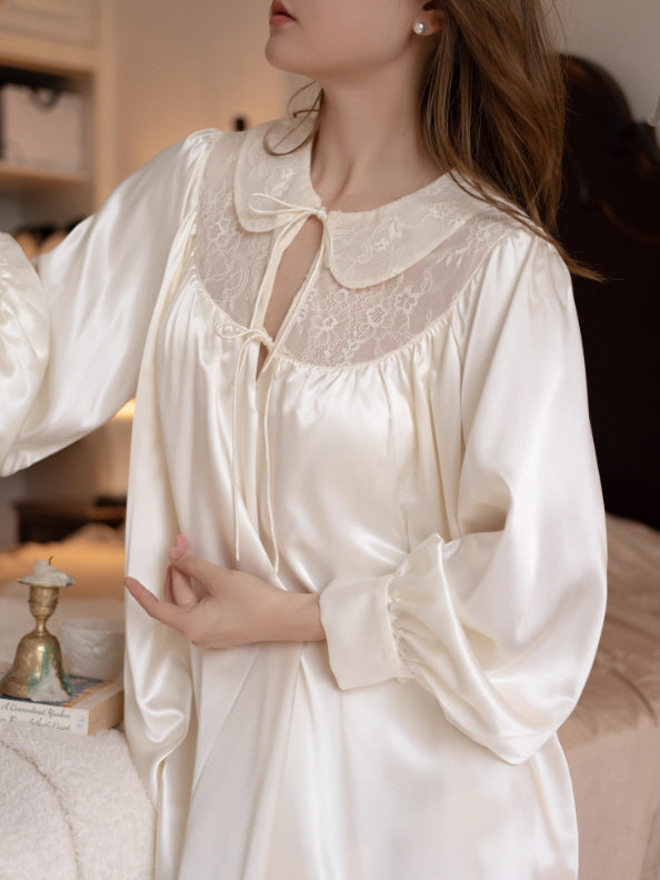 Lace Collar Ivory Satin Nightgown
