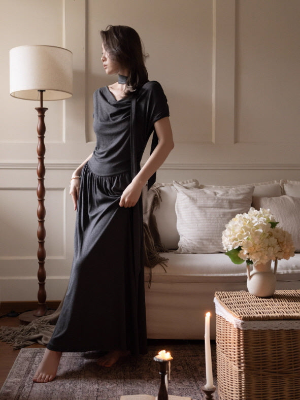 Midnight Charcoal Draped Lounge Dress