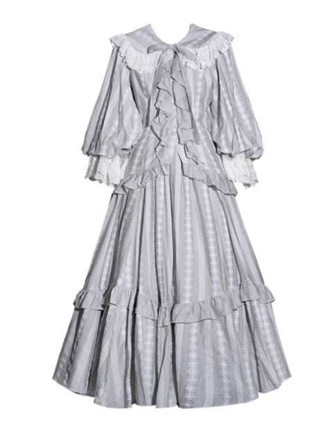Grey Lace Ribbon Top & Skirt Set