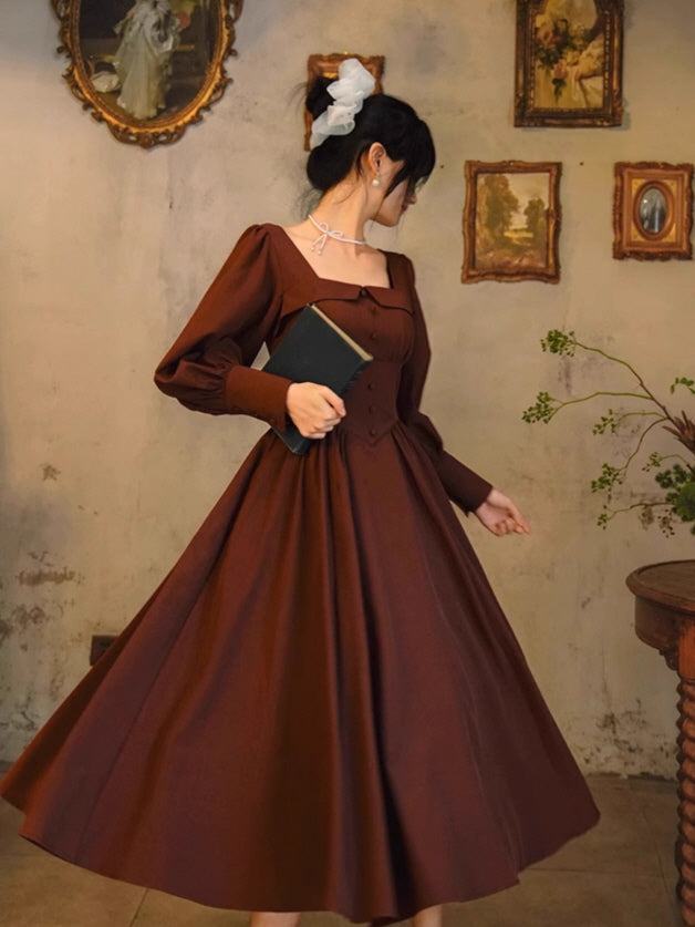 Chocolate Vintage Square-Neck Dress