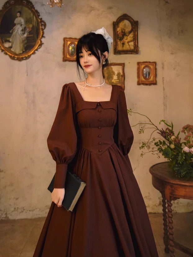 Chocolate Vintage Square-Neck Dress
