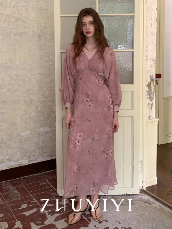 Dusty Rose Floral Chiffon Dress