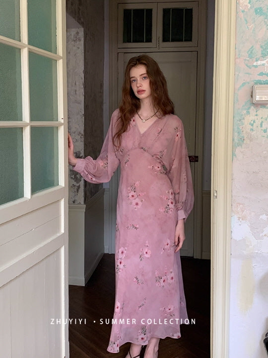 Dusty Rose Floral Chiffon Dress