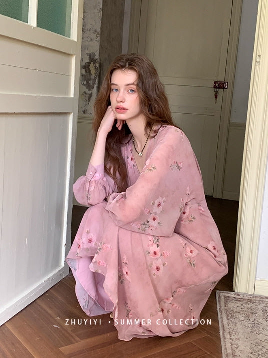 Dusty Rose Floral Chiffon Dress