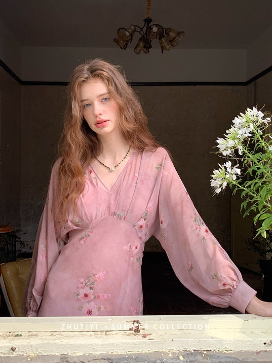 Dusty Rose Floral Chiffon Dress