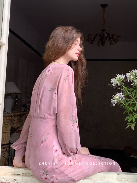 Dusty Rose Floral Chiffon Dress