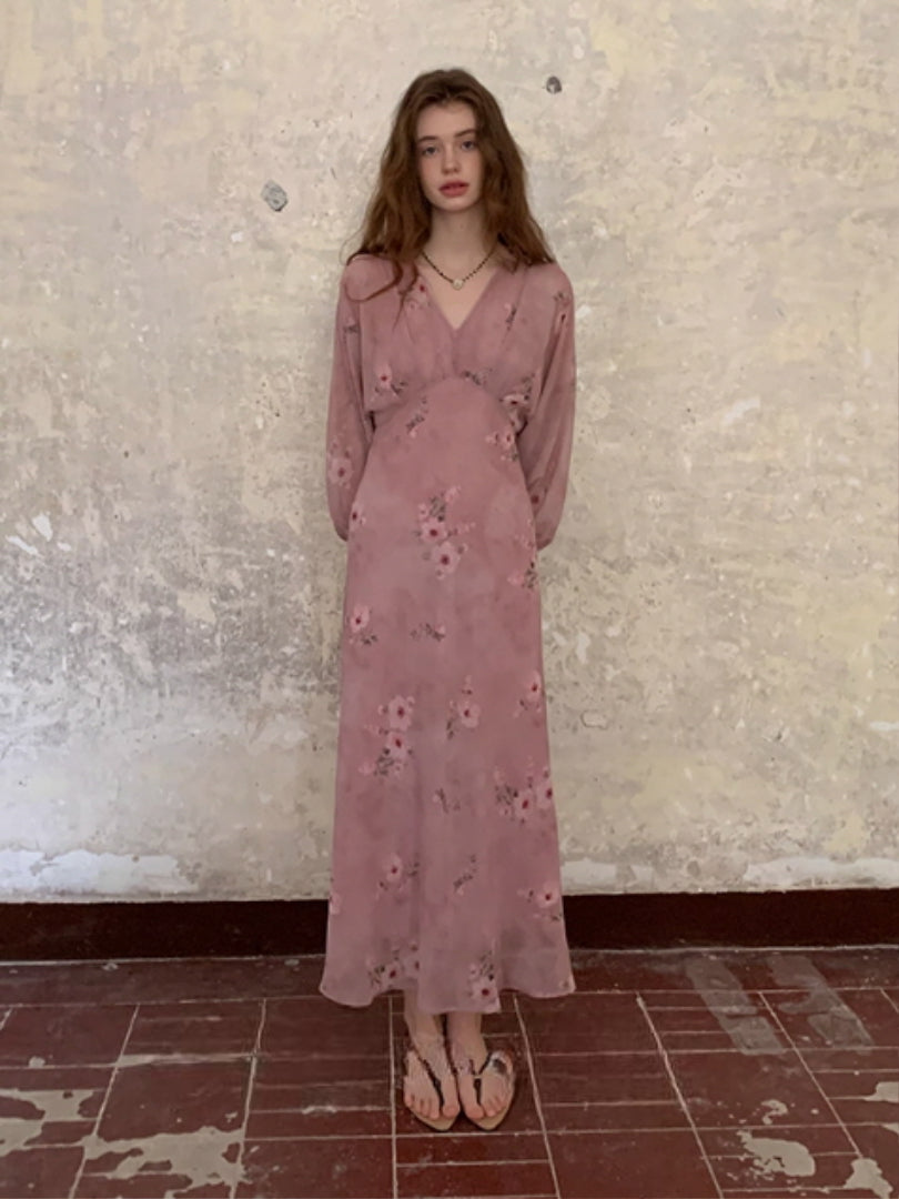 Dusty Rose Floral Chiffon Dress Romantic Fairycore Outfit Dusty Rose Floral Chiffon Dress Romantic Fairycore Outfit