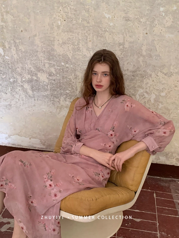 Dusty Rose Floral Chiffon Dress