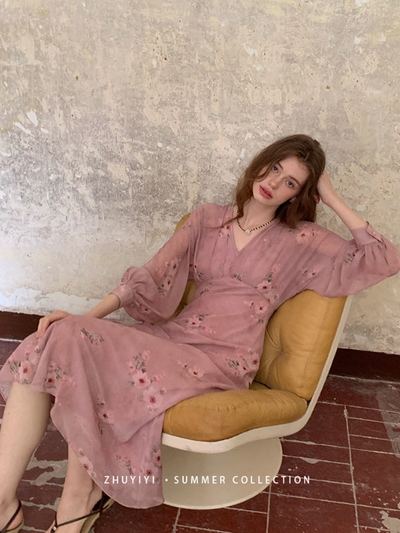 Dusty Rose Floral Chiffon Dress