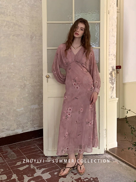 Dusty Rose Floral Chiffon Dress