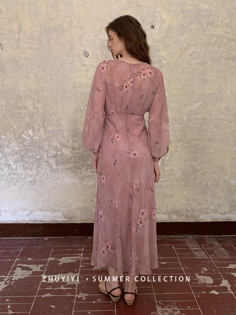 Dusty Rose Floral Chiffon Dress
