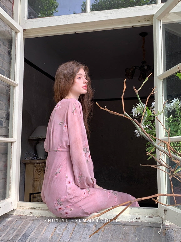 Dusty Rose Floral Chiffon Dress
