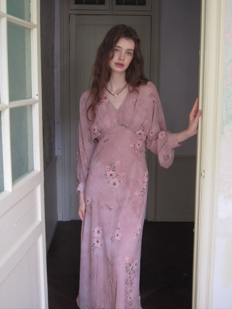 Dusty Rose Floral Chiffon Dress