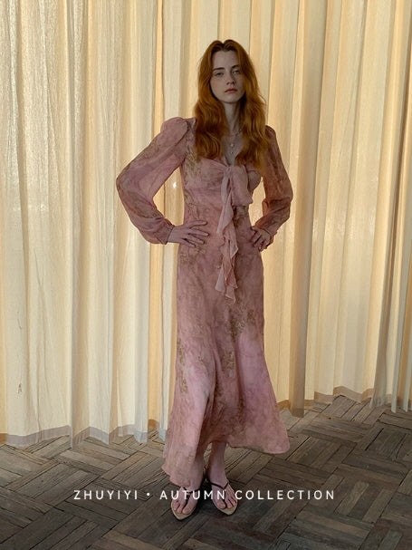 Blush Rose Tie-Front Chiffon Dress