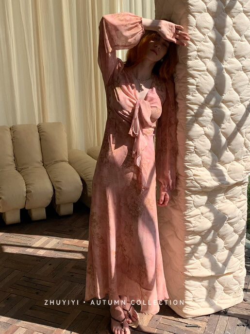 Blush Rose Tie-Front Chiffon Dress