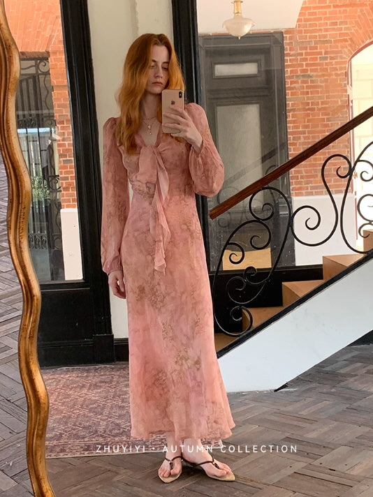 Blush Rose Tie-Front Chiffon Dress