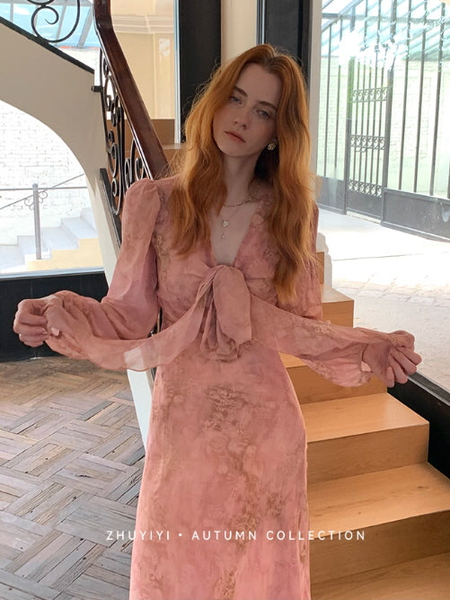 Blush Rose Tie-Front Chiffon Dress
