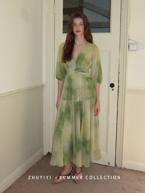 Watercolor Meadow Green Dress