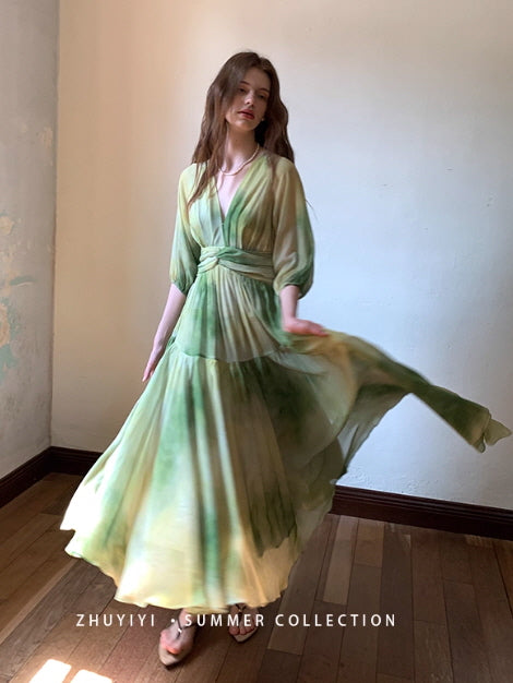 Watercolor Meadow Green Dress