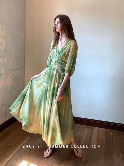 Watercolor Meadow Green Dress