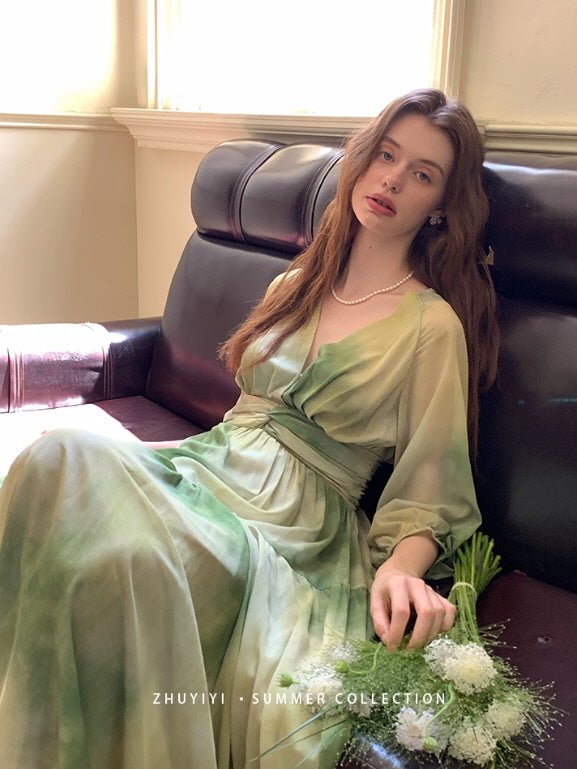 Watercolor Meadow Green Dress