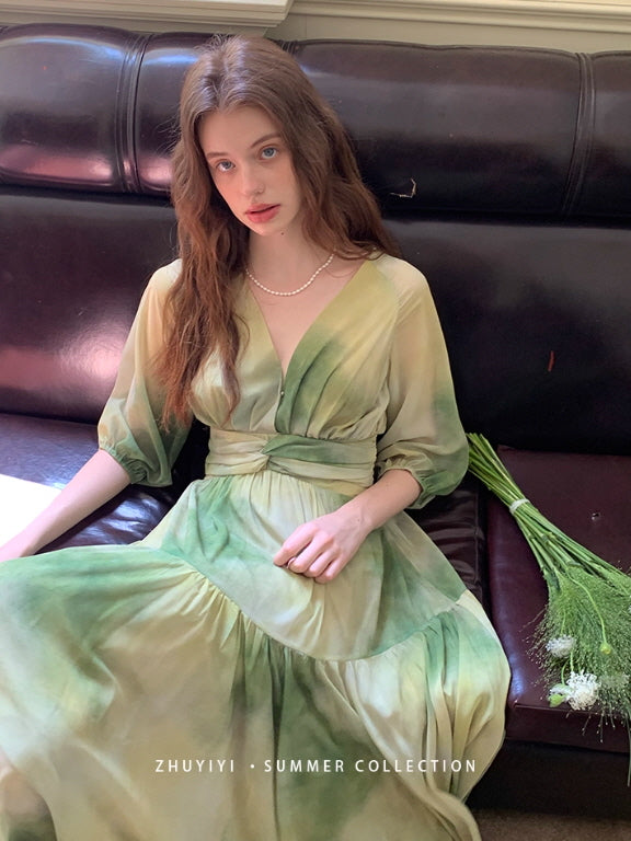 Watercolor Meadow Green Dress
