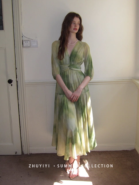 Watercolor Meadow Green Dress